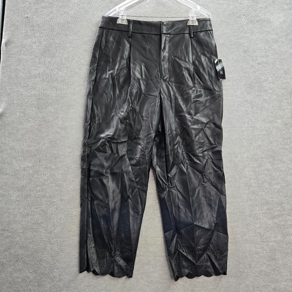 INC Women Pants 16 Black Faux Leather Cropped Laser Cut Scallop 24 in Inseam NWT - Picture 1 of 12